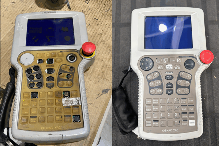 Antes y después de la reparación de consola de un robot yaskawa.
